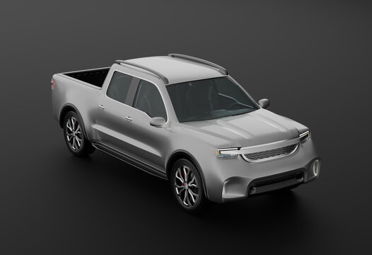 Silver Electric Pickup Truck on black background. Generic design. 3D rendering image.