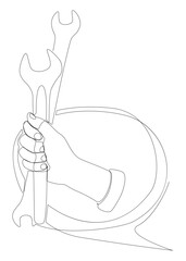 One continuous line of speech bubble with Wrench. Thin Line Illustration vector concept. Contour Drawing Creative ideas.