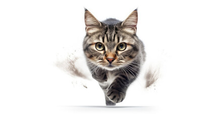 Funny large longhair gray tabby cute kitten with beautiful blue eyes. Pets and lifestyle concept. Lovely fluffy cat on white background.