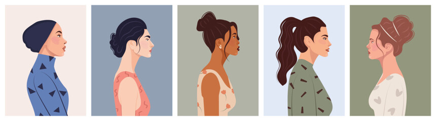 Set of diverse female face portraits of different ethnicity, hairstyles and ages. diversity. Women's empowerment movement. Vector flat illustration, banner or poster. Avatars for social networks.