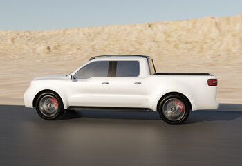 Side view of White Electric Pickup Truck driving on desert roadside. Generic design. 3D rendering image.