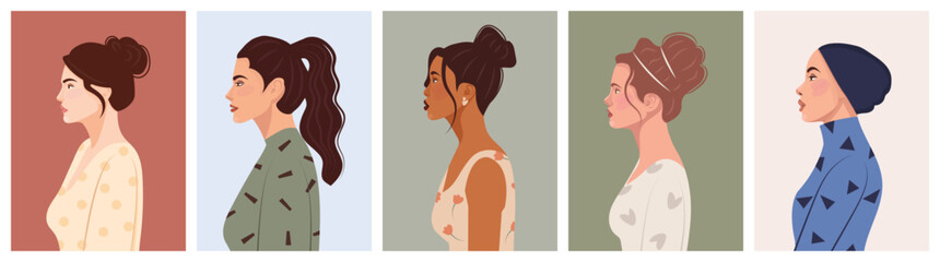 Set of diverse female face portraits of different ethnicity, hairstyles and ages. diversity. Women's empowerment movement. Vector flat illustration, banner or poster. Avatars for social networks.