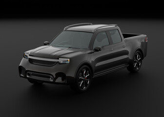 Obraz na płótnie Canvas Black Electric Pickup Truck on black background. Generic design. 3D rendering image.