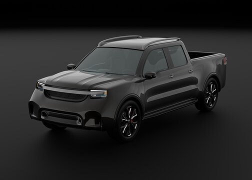 Black Electric Pickup Truck on black background. Generic design. 3D rendering image.