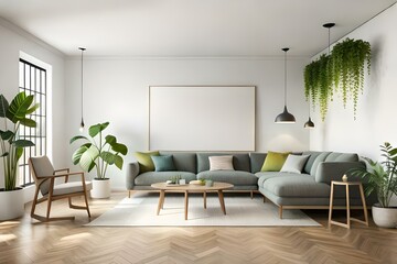 Fototapeta premium farmhouse interior living room, empty wall mockup in white room with wooden furniture and lots of greenery, 3d rendering