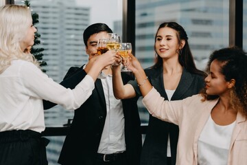 Group of businessmen toasting with champagne toast happily Meet and talk with colleagues with a smile. Celebrate achievements in your planned goals.