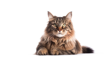 Funny large longhair gray tabby cute kitten with beautiful blue eyes. Pets and lifestyle concept. Lovely fluffy cat on white background.