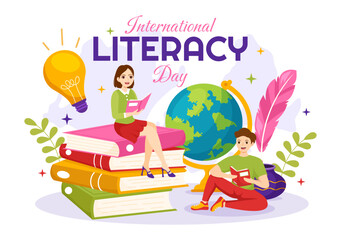 International Literacy Day Vector Illustration on 8th September with Book and Educational Equipment in Education Holiday Cartoon Hand Drawn Templates
