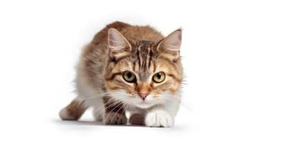 Funny large longhair gray tabby cute kitten with beautiful blue eyes. Pets and lifestyle concept. Lovely fluffy cat on white background.