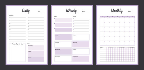 （Purple）3 set of Monthly, daily, weekly planner. Vector illustration.	