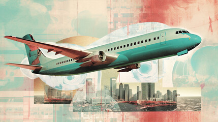 Naklejka premium Modernist collage with vintage aeroplane cut out in the sky, horizontal wallpaper, flying plane in the air clouds, flight travel, aviation and airplane trip. illustration for retro advertising poster
