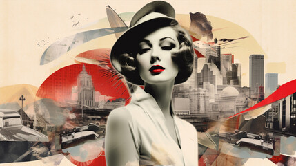 Elegant 1950s woman in black and white with hat, abstract city in background, art deco style, collage effect, red lips, modernist newspaper collage, mid-century retro style. Vintage fashion poster. © Andrea Marongiu