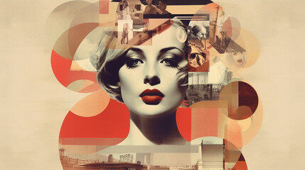 Modernist collage of a 1950s woman's face in black and white with abstract shapes and cropped photos on background, digital art for Horizontal cinematic poster, retro vintage art, big red lips. Ai   - obrazy, fototapety, plakaty