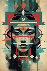 Digital wall art inspired by Andean traditions of South America, face of native woman with geometric patterns, graffiti like. Vertical poster, illustration on the history of South American peoples