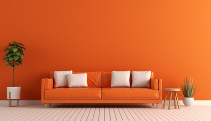 Modern living room with orange sofa, plants and orange wall, 3d illustration, mockup, created with ai generative technology