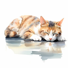 Sleeping cat water colour isolated on white - obrazy, fototapety, plakaty