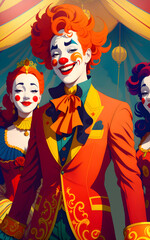 Fototapeta premium Retro illustration of happy male clown and female clowns in a circus tent.