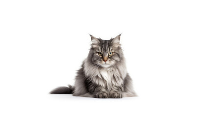 Fototapeta premium Funny large longhair gray tabby cute kitten with beautiful blue eyes. Pets and lifestyle concept. Lovely fluffy cat on white background.