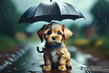 Cute puppy with an umbrella on a rainy day in the countryside - obrazy, fototapety, plakaty
