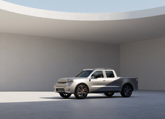 Silver Electric Pickup Truck parking in Japanese Zen garden style courtyard background. Generic design. 3D rendering illustration.