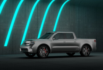 Silver Electric Pickup Truck parking in front of a conrecrete wall which decorated in glowing lines. Generic design. 3D rendering illustration.