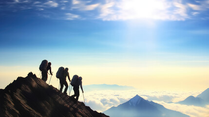 Fototapeta premium Mount with clouds and silhouette of three hikers