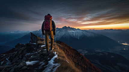 Man hiking at sunset mountains with backpack Travel Lifestyle wanderlust adventure concept summer vacations outdoors alone into the wild
