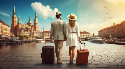 Tourist Couple Travels Around the World: Exploring Europe and Asia Hand in Hand with Their Traveling Bags
