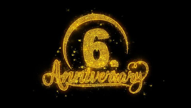 6th Happy Anniversary typography text Reveal from Golden on Glitter Shiny Magic Particles Sparks. For Greeting Card, Celebration, Wishes, Events, Message, holiday, festival concept