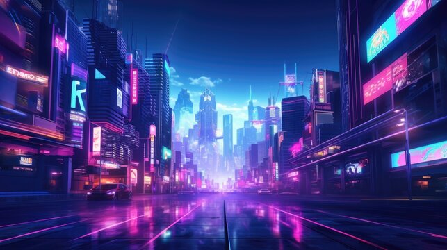 Night futuristics city street background. Generative AI © Virtual Art Studio