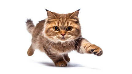 Funny large longhair gray tabby cute kitten with beautiful blue eyes. Pets and lifestyle concept. Lovely fluffy cat on white background.