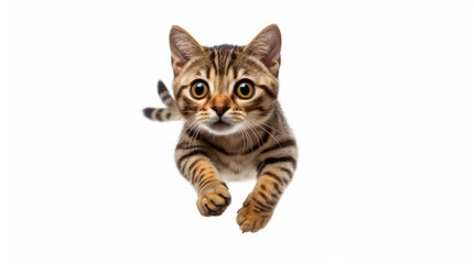 Obraz premium Funny large longhair gray tabby cute kitten with beautiful blue eyes. Pets and lifestyle concept. Lovely fluffy cat on white background.