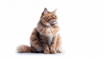 Funny large longhair gray tabby cute kitten with beautiful blue eyes. Pets and lifestyle concept. Lovely fluffy cat on white background.