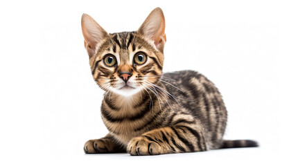 Funny large longhair gray tabby cute kitten with beautiful blue eyes. Pets and lifestyle concept. Lovely fluffy cat on white background.