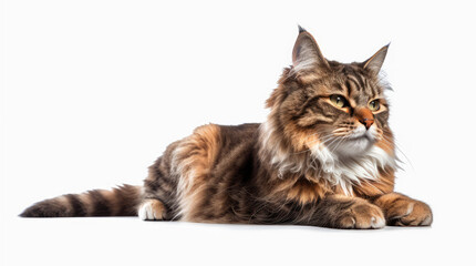 Funny large longhair gray tabby cute kitten with beautiful blue eyes. Pets and lifestyle concept. Lovely fluffy cat on white background.