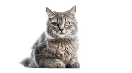 Funny large longhair gray tabby cute kitten with beautiful blue eyes. Pets and lifestyle concept. Lovely fluffy cat on white background.