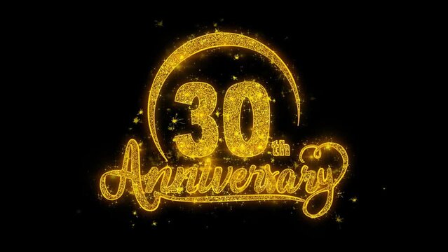 30th Happy Anniversary typography text Reveal from Golden on Glitter Shiny Magic Particles Sparks. For Greeting Card, Celebration, Wishes, Events, Message, holiday, festival concept