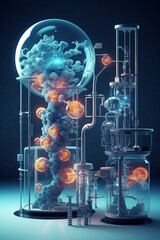 biotechnological science concept 3d rendering, background with tube and gears for biochemical scientific research on new environmentally friendly bio compatible plastics. ai generated laboratory test