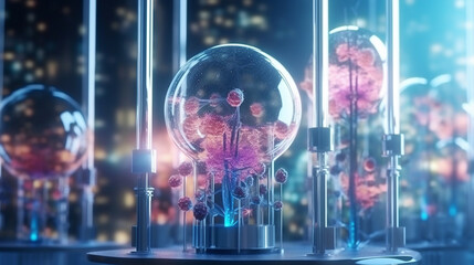 Cultivation of new plant species in a translucent sphere, futuristic laboratory, biotechnology experiment for eco-friendly and biodegradable materials, alien plant, chemical laboratory containers. Ai