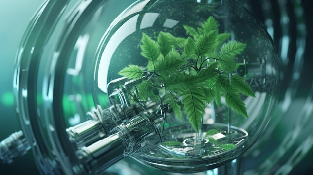 Glass containers, laboratory with culture of small plants, synthetic biology studies, research into new bio compatible artificial vegetable. Scientific biotech, artificial photosynthesis. biochemistry