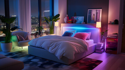 A modern aesthetic bedroom with subtle RGB lighting