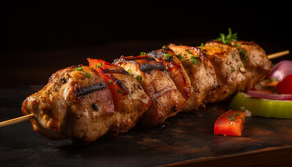 Grilled meat skewers on plate, cooked to perfection outdoors generated by AI