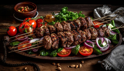Grilled beef skewer with tomato and vegetable salad appetizer generated by AI