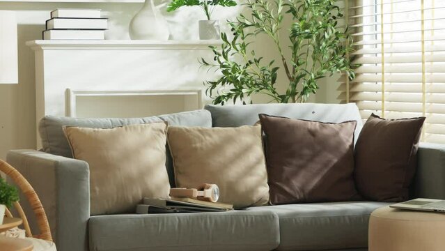 home interior design detail of Modern clean living room with soft and cosy sunlight pillow upholstery cushion arrange on white sofa dolly shot close up,home sweet home background