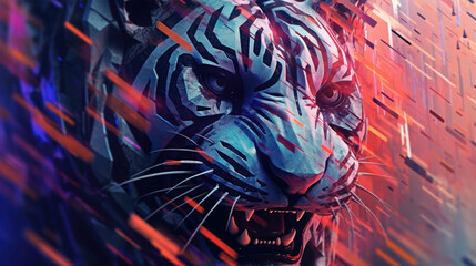 Glitch Tiger A Digital and Futuristic Artwork of a Roaring Tiger with Colorful Distortion AI Generated - obrazy, fototapety, plakaty