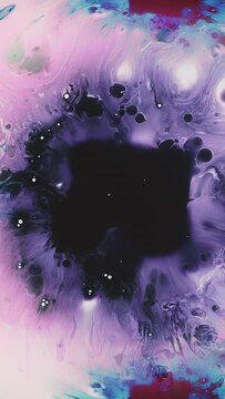 Vertical video. Oil splatter. Colorful stains. Red blue purple black fluid splash spreading paint explosion abstract creative background.
