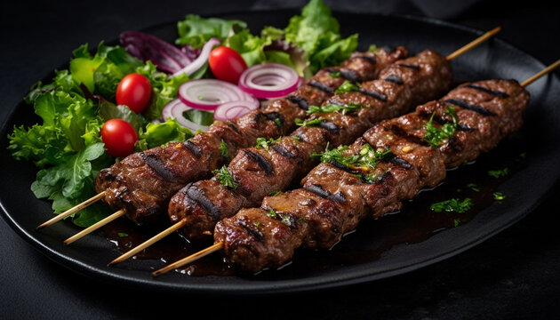 Grilled meat skewers on a plate, a gourmet barbecue meal generated by AI