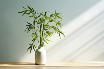 This high-fashion and editorial-inspired product photography showcases a bamboo plant in a vase against a light and airy background, exuding an aura of effortless elegance, perfect for capturing the e