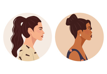 Set of diverse female face portraits of different ethnicity, hairstyles and ages with round shapes. diversity. Women's empowerment movement. Vector flat illustration, banner or poster. Avatars for soc