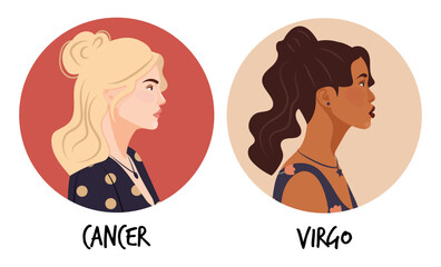 Set of diverse female face portraits of different ethnicity, hairstyles and ages with round shapes. diversity. Women's empowerment movement. Vector flat illustration, banner or poster. Avatars for soc